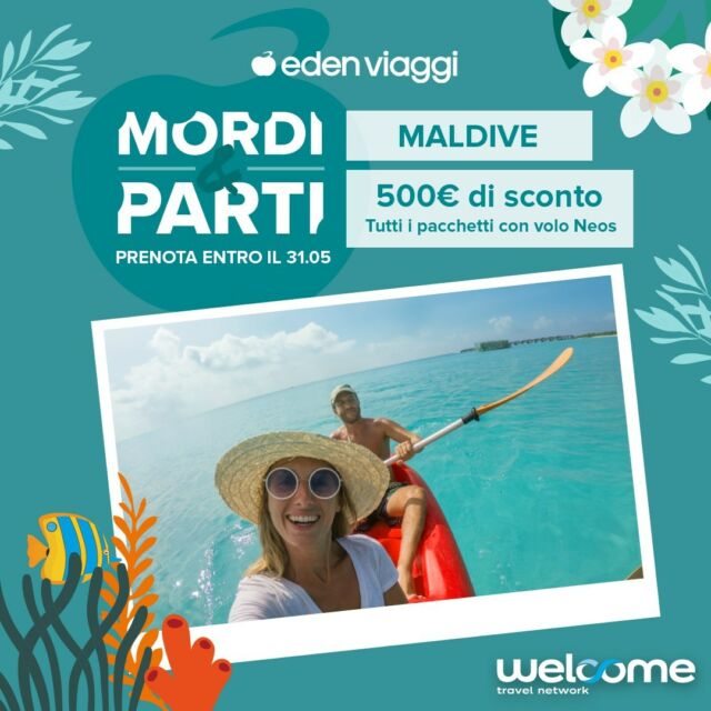 Non crederai alle tue orecchie!
Con Eden Viaggi, fino al 31 maggio puoi prenotare una vacanza alle Maldive con uno sconto di 500 € a camera. Quando capitano occasioni così… non serve pensarci un secondo di più! Corri, ti aspettiamo in Agenzia.
