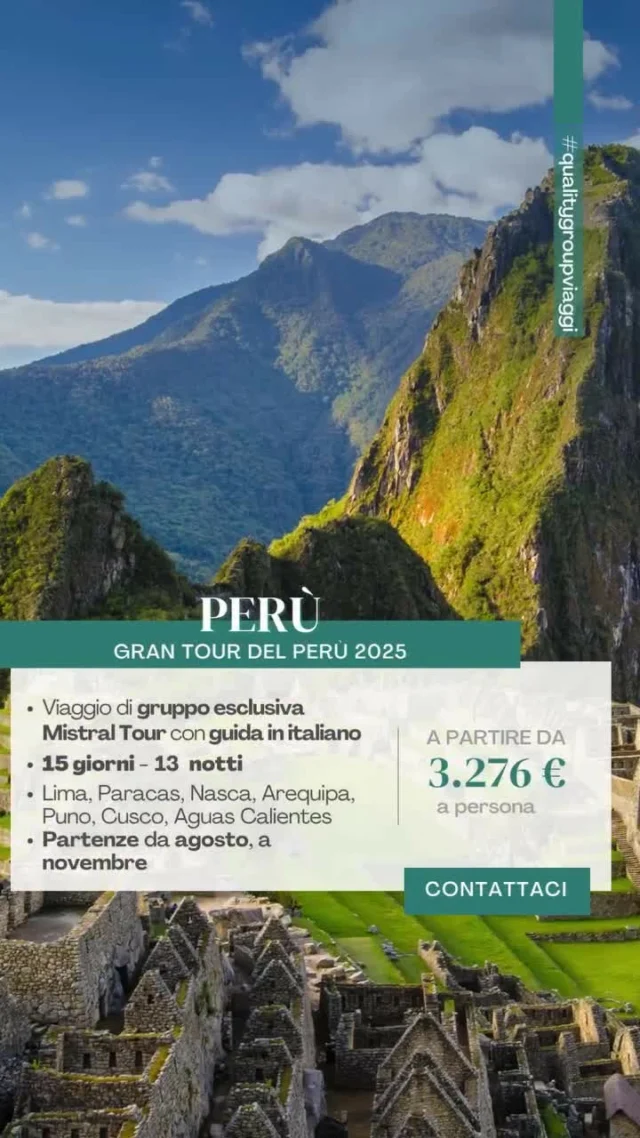 🎨L’anima travolgente del Perù parte dai suoi suoni e colori.

🌈Dalle pennellate naturali delle montagne arcobaleno di Cusco, al sussurro del vento che sfiora le magiche rovine di Machu Picchu, ecco di cosa dovrebbero nutrirsi i tuoi sensi.

🫂Un abbraccio accogliente tra oceano e sabbia: questa è la vera anima di Lima.

🦙Il dolce fascino degli alpaca liberi di rifocillarsi nella cornice delle Ande.

Ogni tappa dell’itinerario è in grado di suscitare forti emozioni. 💖

Ci vediamo in agenzia per prenotare la tua prossima partenza! 🧳

#qualitygroupviaggi #prenotainagenzia #viaggidigruppo #viaggisumisura #perù #machupicchu #cusco #lima